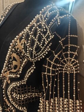 Embellished Pearl-Cluster Black Jacket - Designer Style